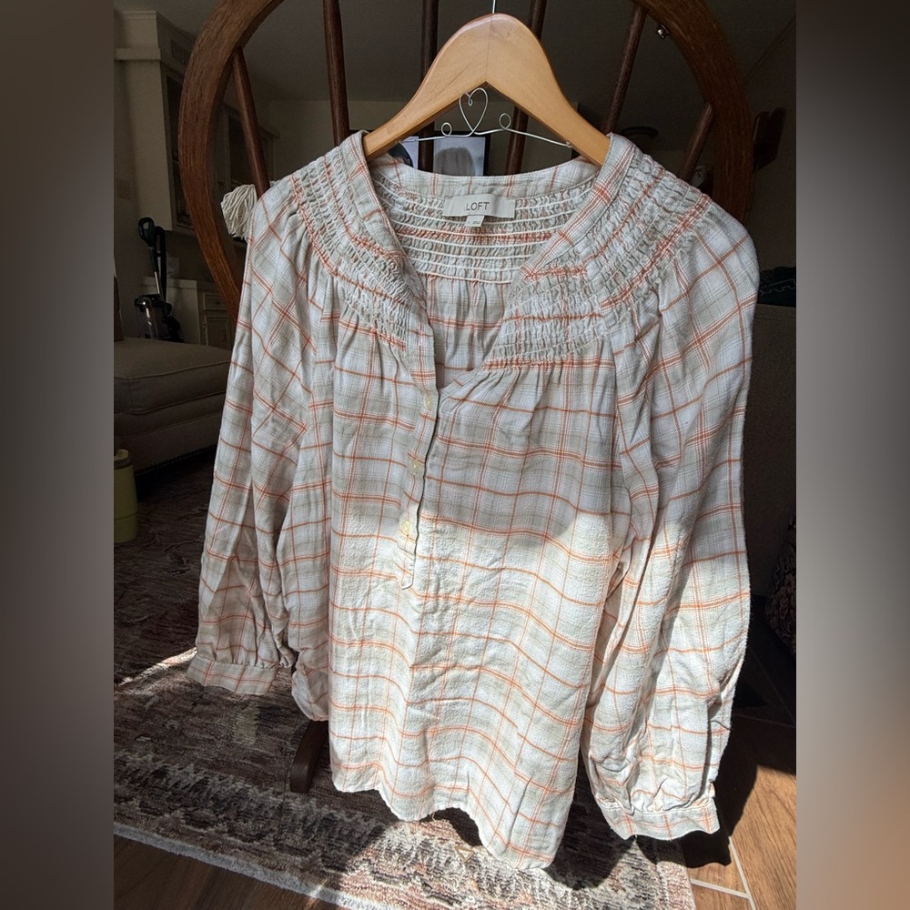 LOFT Women's Cream and Orange Checkered Blouse